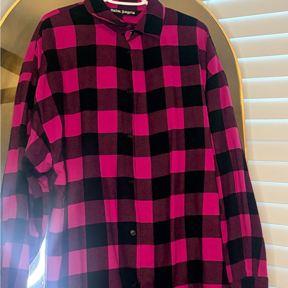 Palm Angels Pink and Black Checkered Casual Button Down Shirt